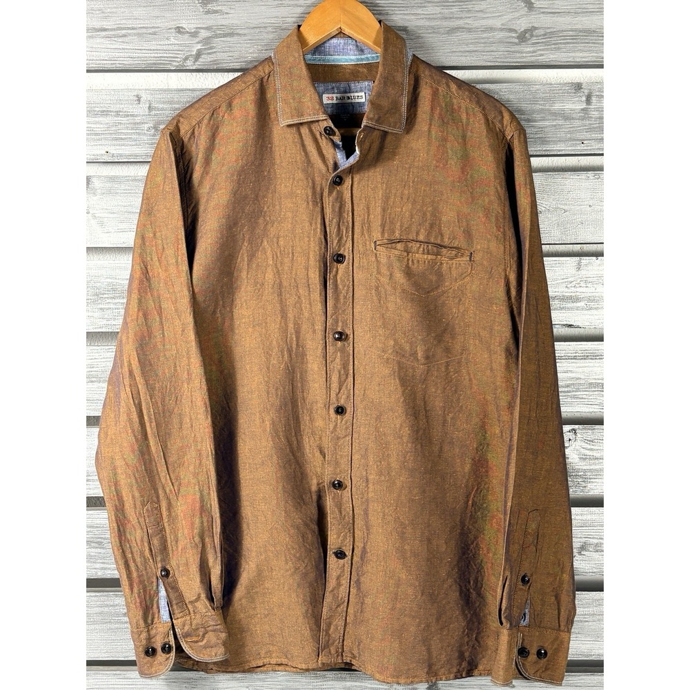 32 Bar Blues Shirt M Metallic Brown Long Sleeve Button Up Linen Blend